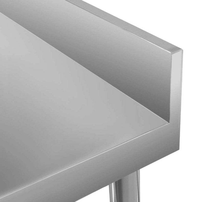Nerezový gastro stůl přístěnný Mega‑M X STANDARD 1200×600×850 mm, 1 police, zadní lem 100 mm, MDF výztuha, nastavitelné nožky