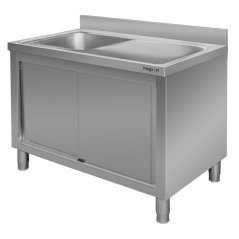 Nerezový gastro dřez MEGA‑M 1200×700×850 mm, vana vlevo, skříňka s posuvnými dveřmi, lem