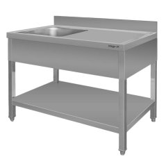 Nerezový gastro dřez MEGA‑M 1400×600×850 mm, vana vlevo, lem, police, krycí panel